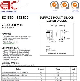 美国EIC稳压二极管SZ10系列 电压3.3到300V 10%